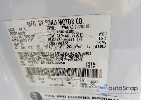 2011 Ford F-150 Lariat from USA, damaged, VIN 1FTFW1EF1BFD00948